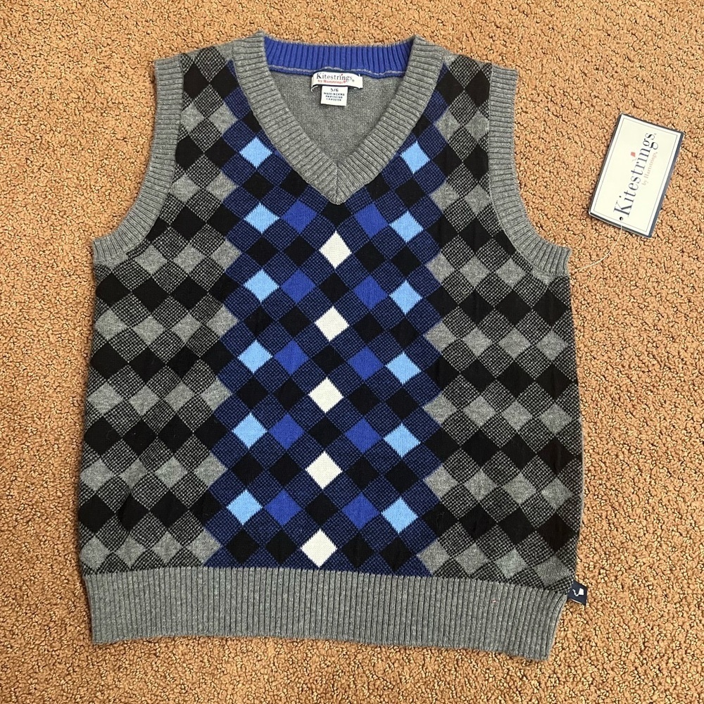 Hartstrings Boys Blue & Grey Knit Sweater Vest Size 5/6 Preppy Academia Grandpa